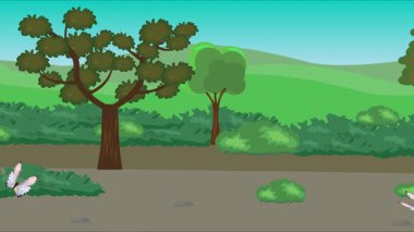 Doğa arka planında uçan kelebek grubu. Tarlalarda animasyon, vahşi yaşam çizgi filmi.