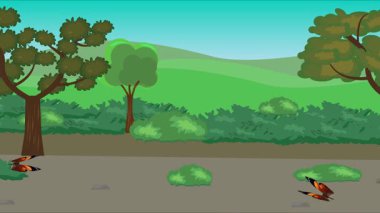 Doğa arka planında uçan kelebek grubu. Tarlalarda animasyon, vahşi yaşam çizgi filmi.
