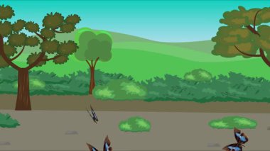 Doğa arka planında uçan kelebek grubu. Tarlalarda animasyon, vahşi yaşam çizgi filmi.