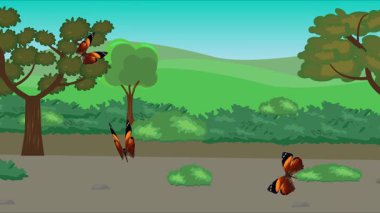 Doğa arka planında uçan kelebek grubu. Tarlalarda animasyon, vahşi yaşam çizgi filmi.