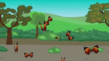 Doğa arka planında uçan kelebek grubu. Tarlalarda animasyon, vahşi yaşam çizgi filmi.