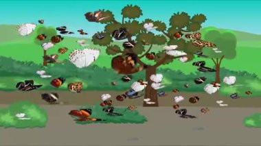 Doğa arka planında uçan kelebek grubu. Tarlalarda animasyon, vahşi yaşam çizgi filmi.