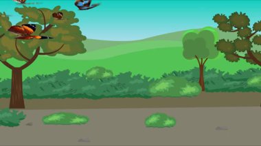 Doğa arka planında uçan kelebek grubu. Tarlalarda animasyon, vahşi yaşam çizgi filmi.