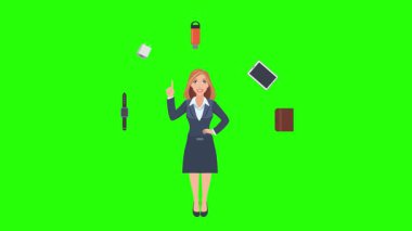 Ofis araçları, iş veya eğitim grafikleriyle çevrili ofis kadınlarıyla çizgi film animasyonu