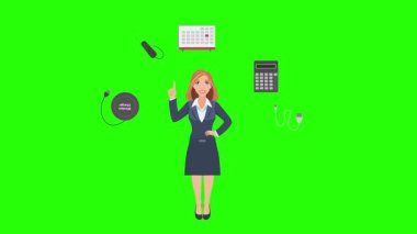 Ofis araçları, iş veya eğitim grafikleriyle çevrili ofis kadınlarıyla çizgi film animasyonu