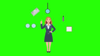 Ofis araçları, iş veya eğitim grafikleriyle çevrili ofis kadınlarıyla çizgi film animasyonu