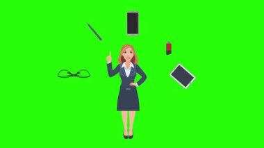 Ofis araçları, iş veya eğitim grafikleriyle çevrili ofis kadınlarıyla çizgi film animasyonu