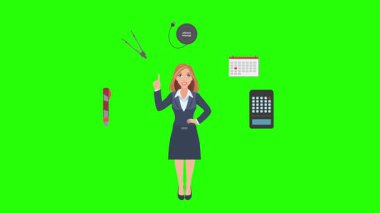 Ofis araçları, iş veya eğitim grafikleriyle çevrili ofis kadınlarıyla çizgi film animasyonu