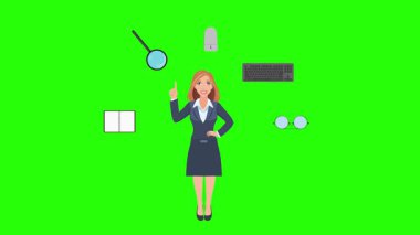 Ofis araçları, iş veya eğitim grafikleriyle çevrili ofis kadınlarıyla çizgi film animasyonu