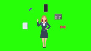 Ofis araçları, iş veya eğitim grafikleriyle çevrili ofis kadınlarıyla çizgi film animasyonu