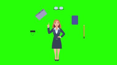 Ofis araçları, iş veya eğitim grafikleriyle çevrili ofis kadınlarıyla çizgi film animasyonu