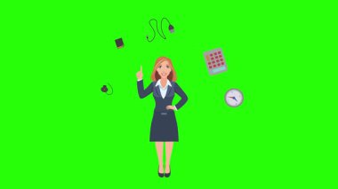 Ofis araçları, iş veya eğitim grafikleriyle çevrili ofis kadınlarıyla çizgi film animasyonu