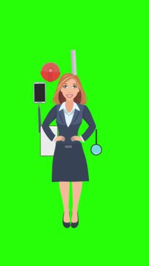 Ofis araçları, iş veya eğitim grafikleriyle çevrili ofis kadınlarıyla çizgi film animasyonu