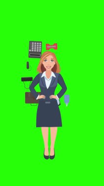 Ofis araçları, iş veya eğitim grafikleriyle çevrili ofis kadınlarıyla çizgi film animasyonu