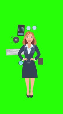 Ofis araçları, iş veya eğitim grafikleriyle çevrili ofis kadınlarıyla çizgi film animasyonu