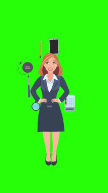 Ofis araçları, iş veya eğitim grafikleriyle çevrili ofis kadınlarıyla çizgi film animasyonu