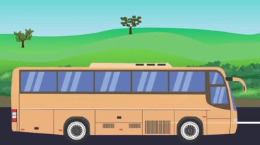 Otomobil yolda çalışıyor, 2D çizgi film animasyonu doğa alanları ve ağaçlar arka planda