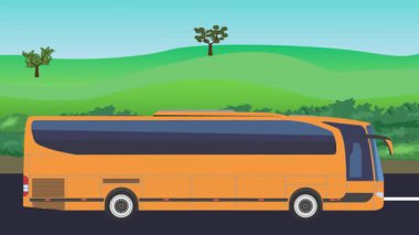 Otomobil yolda çalışıyor, 2D çizgi film animasyonu doğa alanları ve ağaçlar arka planda