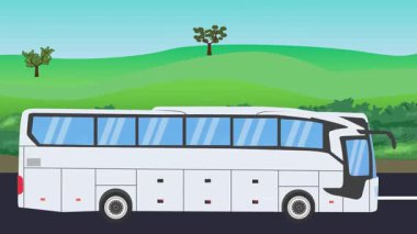 Otomobil yolda çalışıyor, 2D çizgi film animasyonu doğa alanları ve ağaçlar arka planda