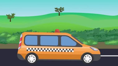 Otomobil yolda çalışıyor, 2D çizgi film animasyonu doğa alanları ve ağaçlar arka planda