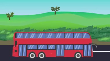 Otomobil yolda çalışıyor, 2D çizgi film animasyonu doğa alanları ve ağaçlar arka planda