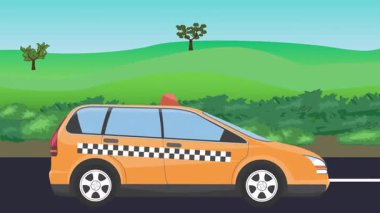 Otomobil yolda çalışıyor, 2D çizgi film animasyonu doğa alanları ve ağaçlar arka planda