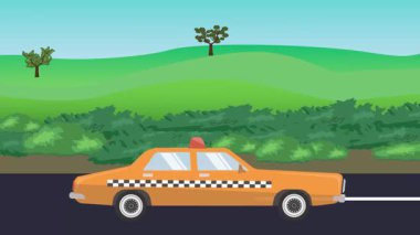 Otomobil yolda çalışıyor, 2D çizgi film animasyonu doğa alanları ve ağaçlar arka planda