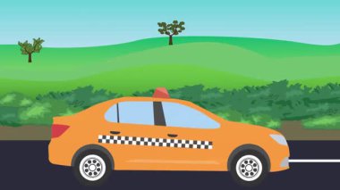 Otomobil yolda çalışıyor, 2D çizgi film animasyonu doğa alanları ve ağaçlar arka planda