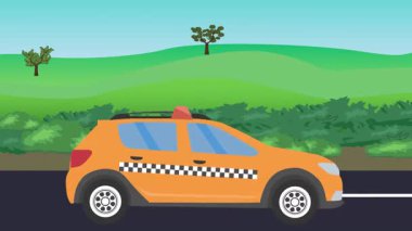 Otomobil yolda çalışıyor, 2D çizgi film animasyonu doğa alanları ve ağaçlar arka planda