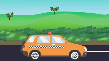 Otomobil yolda çalışıyor, 2D çizgi film animasyonu doğa alanları ve ağaçlar arka planda
