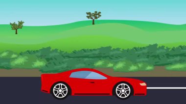 Otomobil yolda çalışıyor, 2D çizgi film animasyonu doğa alanları ve ağaçlar arka planda