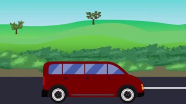 Otomobil yolda çalışıyor, 2D çizgi film animasyonu doğa alanları ve ağaçlar arka planda