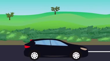 Otomobil yolda çalışıyor, 2D çizgi film animasyonu doğa alanları ve ağaçlar arka planda