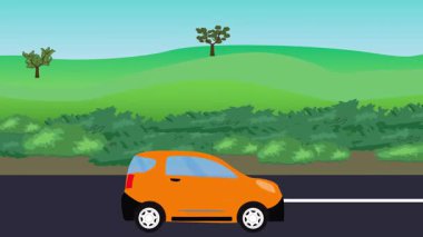 Otomobil yolda çalışıyor, 2D çizgi film animasyonu doğa alanları ve ağaçlar arka planda