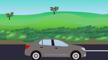 Otomobil yolda çalışıyor, 2D çizgi film animasyonu doğa alanları ve ağaçlar arka planda