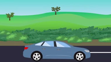 Otomobil yolda çalışıyor, 2D çizgi film animasyonu doğa alanları ve ağaçlar arka planda
