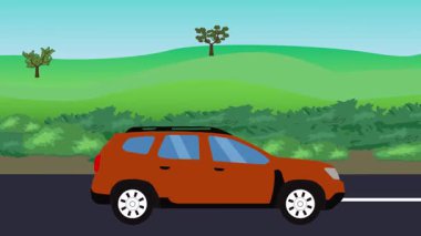 Otomobil yolda çalışıyor, 2D çizgi film animasyonu doğa alanları ve ağaçlar arka planda