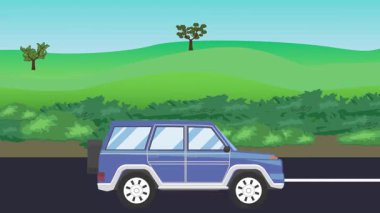Otomobil yolda çalışıyor, 2D çizgi film animasyonu doğa alanları ve ağaçlar arka planda