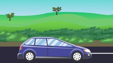 Otomobil yolda çalışıyor, 2D çizgi film animasyonu doğa alanları ve ağaçlar arka planda