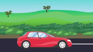 Otomobil yolda çalışıyor, 2D çizgi film animasyonu doğa alanları ve ağaçlar arka planda