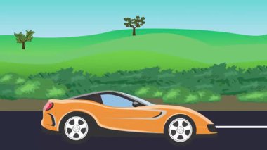 Otomobil yolda çalışıyor, 2D çizgi film animasyonu doğa alanları ve ağaçlar arka planda