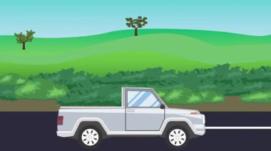 Otomobil yolda çalışıyor, 2D çizgi film animasyonu doğa alanları ve ağaçlar arka planda
