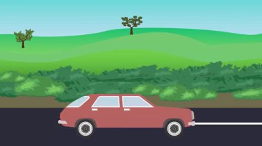 Auto car running on the road, 2d cartoon animation with nature fields and trees background