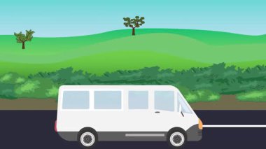 Otomobil yolda çalışıyor, 2D çizgi film animasyonu doğa alanları ve ağaçlar arka planda