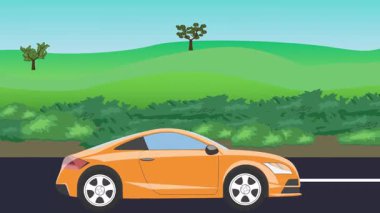 Otomobil yolda çalışıyor, 2D çizgi film animasyonu doğa alanları ve ağaçlar arka planda