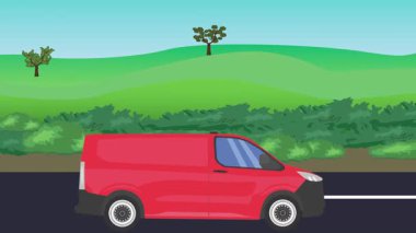 Otomobil yolda çalışıyor, 2D çizgi film animasyonu doğa alanları ve ağaçlar arka planda
