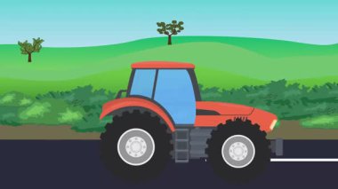 Otomobil yolda çalışıyor, 2D çizgi film animasyonu doğa alanları ve ağaçlar arka planda