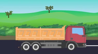 Otomobil yolda çalışıyor, 2D çizgi film animasyonu doğa alanları ve ağaçlar arka planda