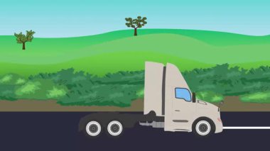 Otomobil yolda çalışıyor, 2D çizgi film animasyonu doğa alanları ve ağaçlar arka planda