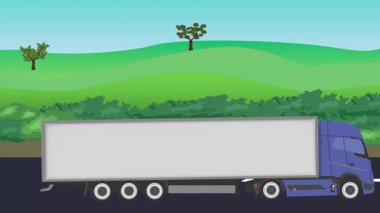 Otomobil yolda çalışıyor, 2D çizgi film animasyonu doğa alanları ve ağaçlar arka planda